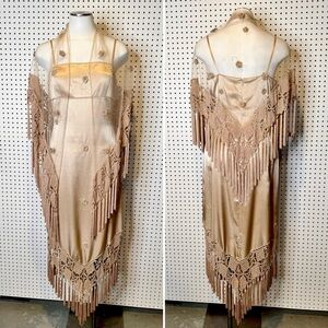 Sue Wong | 1990s Y2K Champagne Satin Macrame Fringe Slip Dress w/ Tulle Shawl